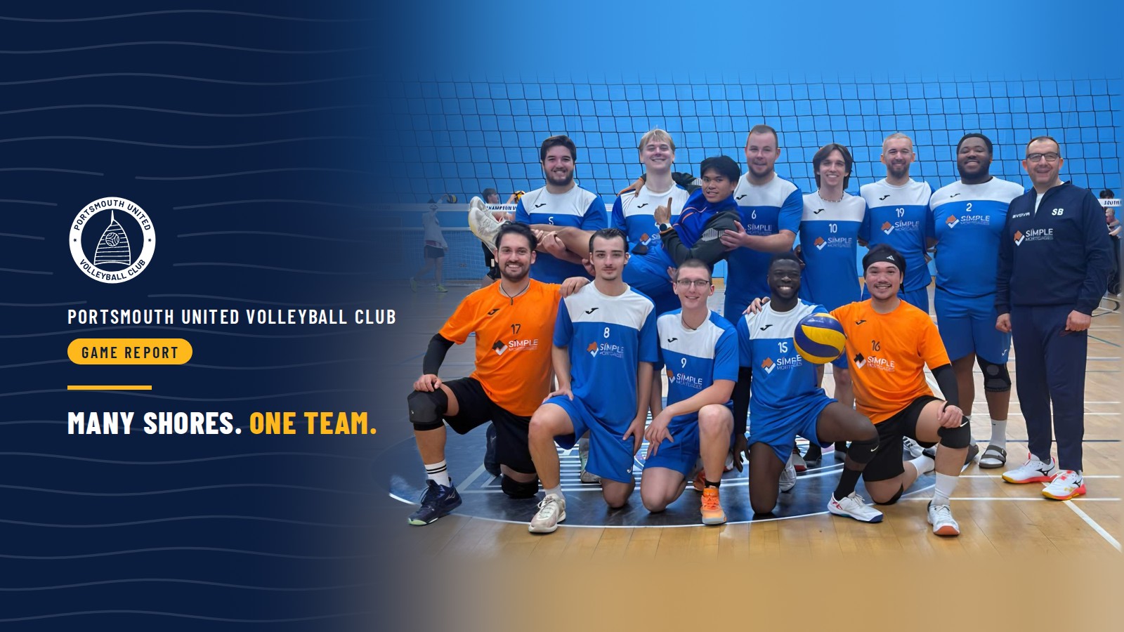 Game report cover: the Portsmouth United Volleyball Club squad and Head Coach Samir Belaiche at Itchen College Sports Centre